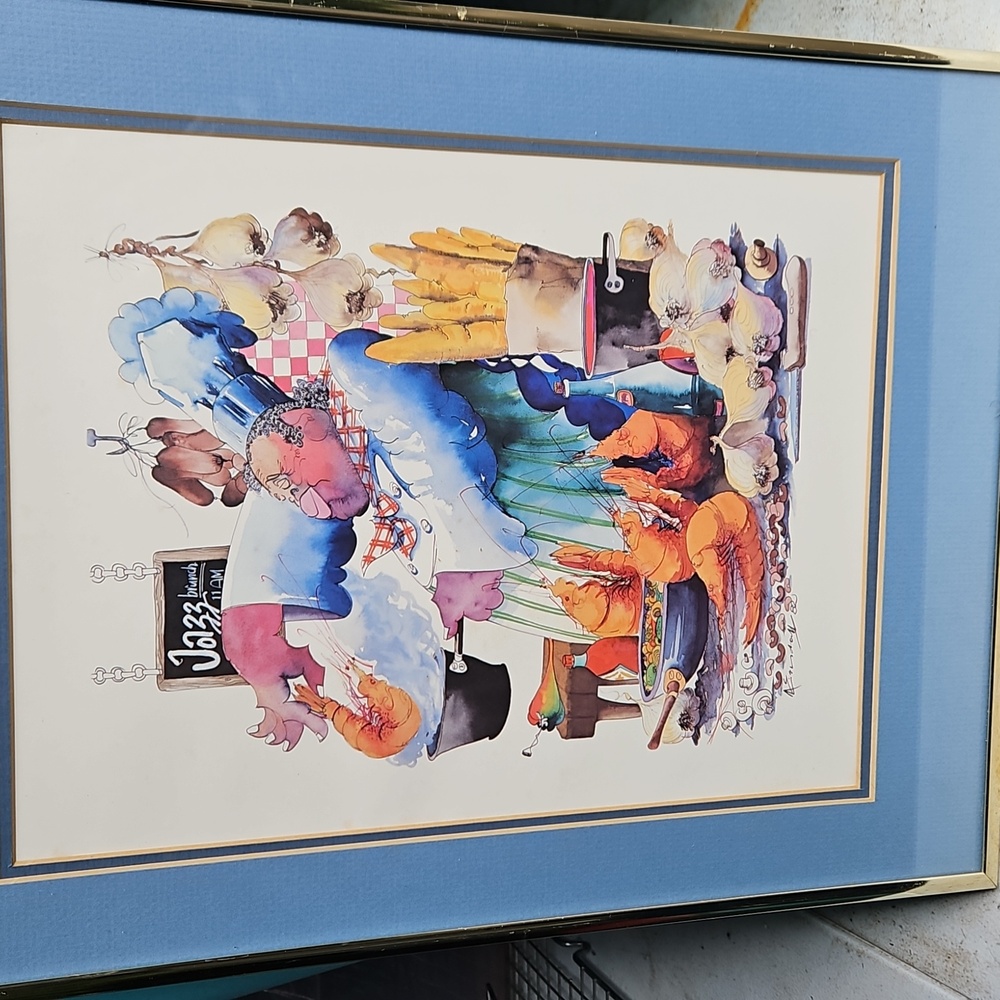 Vintage 1982 Leo Meiersdorff Jazz Brunch Framed Blue Gold Culinary Art Print